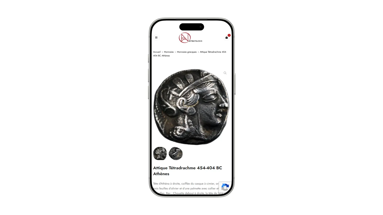 Fine Art Numismatics, vue sur ordinateur